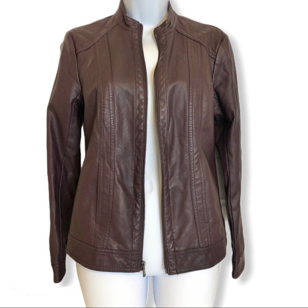 Roz & Ali Faux Biker classic Leather Jacket size  quilted shoulder design Small